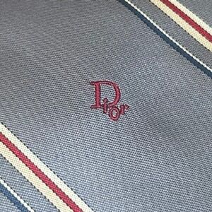 Vintage Christian Dior Paris New York Men's Silk Tie Blue Red White Striped Logo